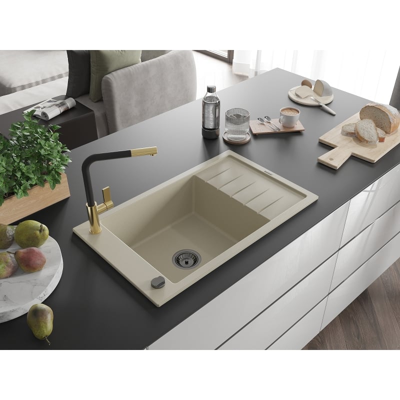 Mexen Elias granite kitchen sink single bowl with drainer and Flora kitchen faucet, beige - 6511-69-670401-57-B