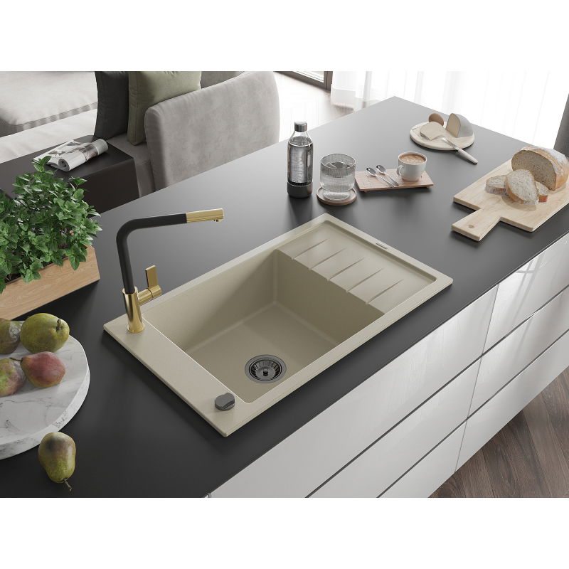 Mexen Elias granite sink 1-bowl with drainer and Flora kitchen faucet, beige - 6511-69-670401-57-B