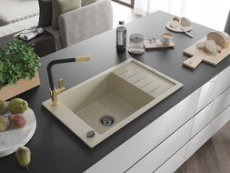 Mexen Elias granite kitchen sink single bowl with drainer and Flora kitchen faucet, beige - 6511-69-670401-57-B