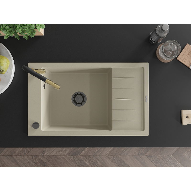 Mexen Elias granite sink 1-bowl with drainer and Flora kitchen faucet, beige - 6511-69-670401-57-B