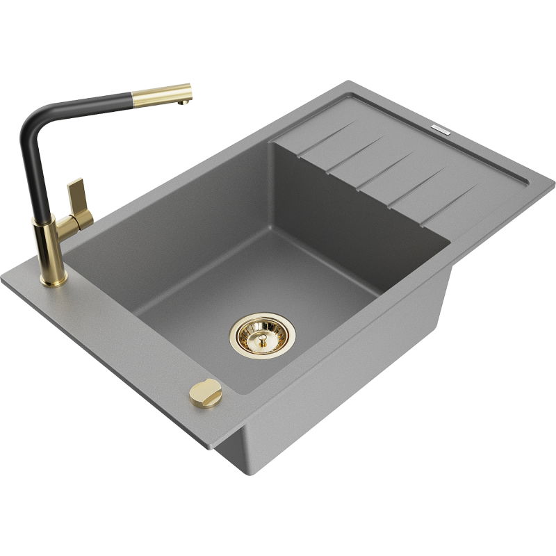 Mexen Elias 1-compartment granite sink with a drip tray and kitchen mixer tap Flora, Grey - 6511-71-670401-57-G