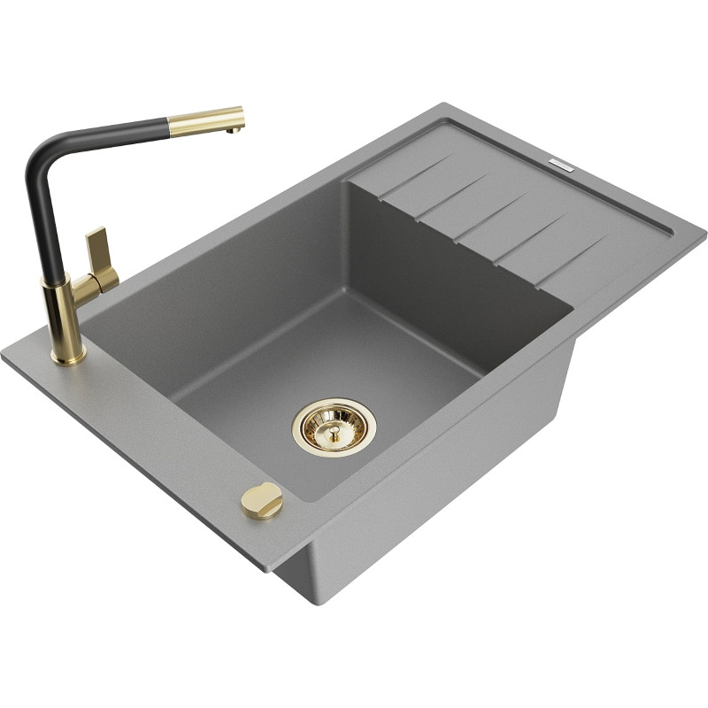 Mexen Elias granite kitchen sink 1-bowl with drainer and kitchen faucet Flora, gray - 6511-71-670401-57-G