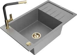 Mexen Elias 1-compartment granite sink with a drip tray and kitchen mixer tap Flora, Grey - 6511-71-670401-57-G