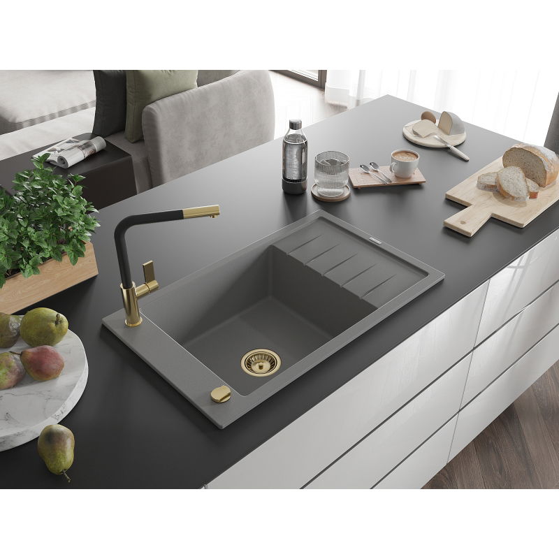 Mexen Elias 1-bowl granite sink with drainer and Flora kitchen tap, grey - 6511-71-670401-57-G