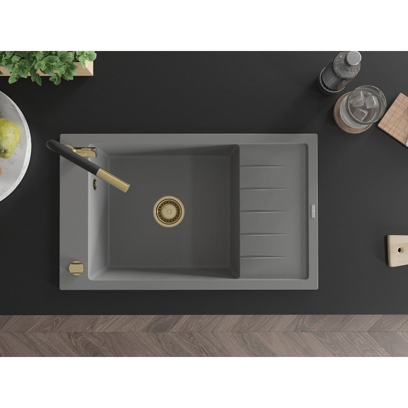 Mexen Elias 1-bowl granite kitchen sink with drainer and Flora kitchen faucet, gray - 6511-71-670401-57-G