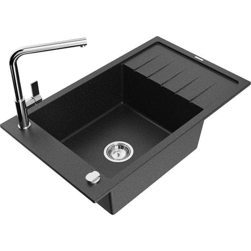 Mexen Elias 1-compartment granite sink with a drip tray and kitchen mixer tap Flora, Black/Silver metallic - 6511-73-670401-00