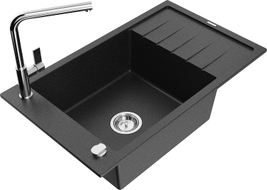 Mexen Elias granite sink 1-bowl with drainer and Flora kitchen faucet, black/silver metallic - 6511-73-670401-00
