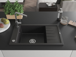Mexen Elias granite kitchen sink 1-bowl with drainer and Flora kitchen faucet, black/silver metallic - 6511-73-670401-00