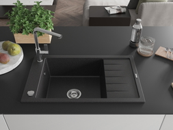 Mexen Elias granite sink 1-bowl with drainer and Flora kitchen faucet, black/silver metallic - 6511-73-670401-00