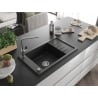 Mexen Elias granite kitchen sink 1-bowl with drainer and Flora kitchen faucet, black/silver metallic - 6511-73-670401-00