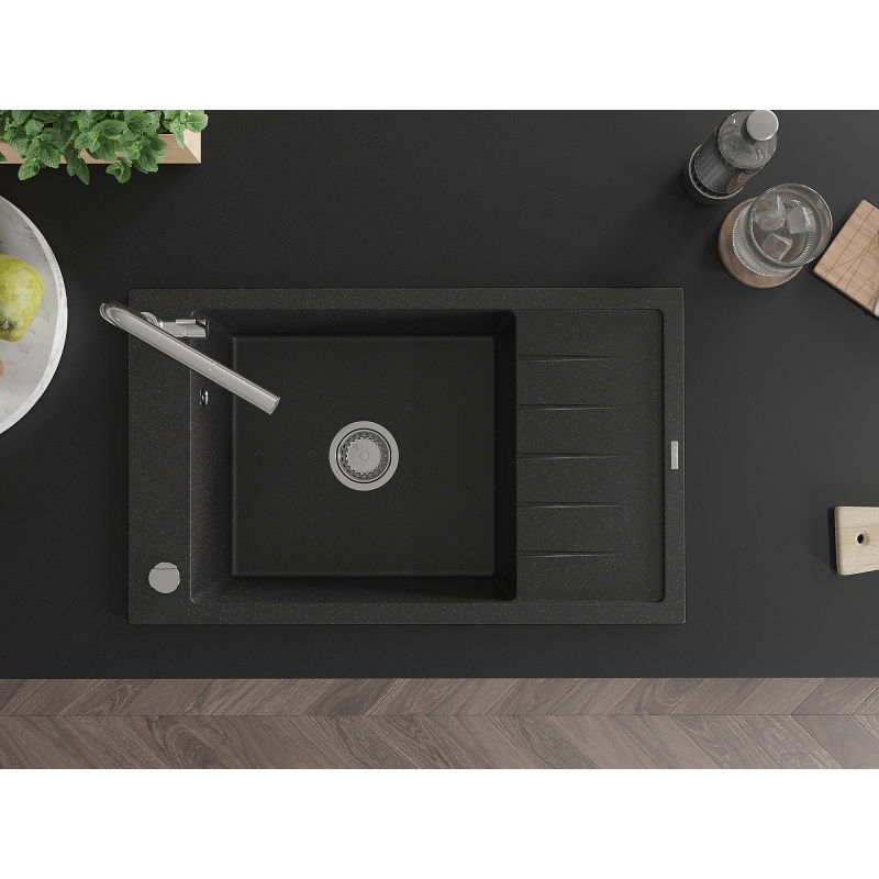 Mexen Elias 1-bowl granite sink with drainer and Flora kitchen tap, black/silver metallic - 6511-73-670401-00
