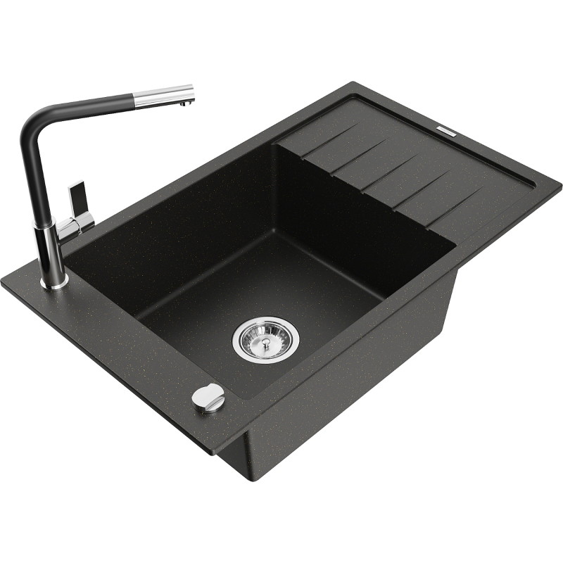 Mexen Elias granite kitchen sink 1-bowl with drainer and Flora kitchen faucet, black/gold metallic - 6511-75-670401-07