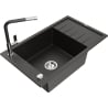 Mexen Elias granite kitchen sink 1-bowl with drainer and Flora kitchen faucet, black/gold metallic - 6511-75-670401-07