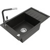 Mexen Elias granite kitchen sink 1-bowl with drainer and Flora kitchen faucet, black/golden metallic - 6511-75-670401-07