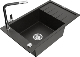 Mexen Elias granite kitchen sink 1-bowl with drainer and Flora kitchen faucet, black/gold metallic - 6511-75-670401-07