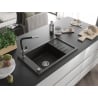 Mexen Elias granite sink 1-bowl with drainer and Flora kitchen tap, black/gold metallic - 6511-75-670401-07