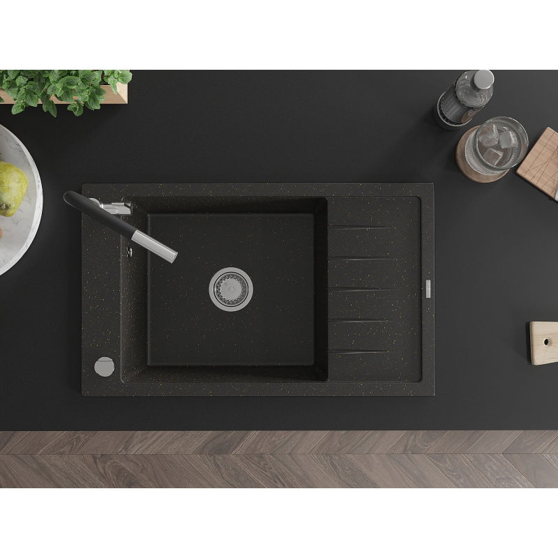 Mexen Elias granite sink 1-bowl with drainer and Flora kitchen tap, black/gold metallic - 6511-75-670401-07
