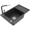 Mexen Elias granite sink 1-bowl with drainer and Flora kitchen faucet, speckled black - 6511-76-670401-07