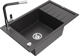 Mexen Elias 1-compartment granite sink with a drip tray and kitchen mixer tap Flora, spotted black - 6511-76-670401-07