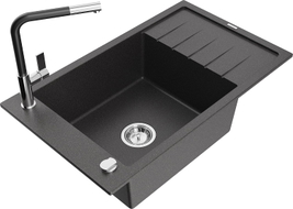 Mexen Elias granite kitchen sink 1-bowl with drainer and Flora kitchen faucet, black speckled - 6511-76-670401-07