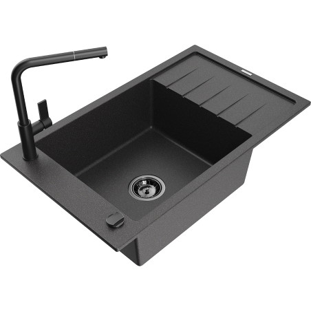 Mexen Elias granite single-bowl sink with drainer and Flora kitchen faucet, black speckled - 6511-76-670401-70-B