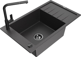 Mexen Elias 1-compartment granite sink with a drip tray and kitchen mixer tap Flora, spotted black - 6511-76-670401-70-B