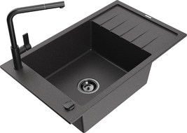 Mexen Elias granite kitchen sink 1-bowl with drainer and Flora kitchen tap, speckled black - 6511-76-670401-70-B
