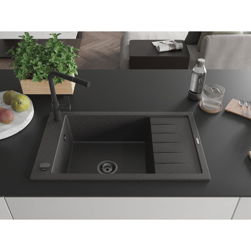 Mexen Elias granite single-bowl sink with drainer and Flora kitchen faucet, black speckled - 6511-76-670401-70-B