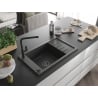 Mexen Elias granite kitchen sink 1-bowl with drainer and Flora kitchen tap, speckled black - 6511-76-670401-70-B