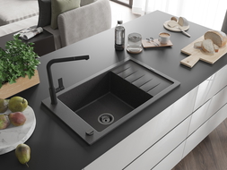Mexen Elias 1-compartment granite sink with a drip tray and kitchen mixer tap Flora, spotted black - 6511-76-670401-70-B