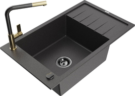 Mexen Elias granite kitchen sink 1-bowl with drainer and Flora kitchen faucet, speckled black - 6511-76-670401-75-B