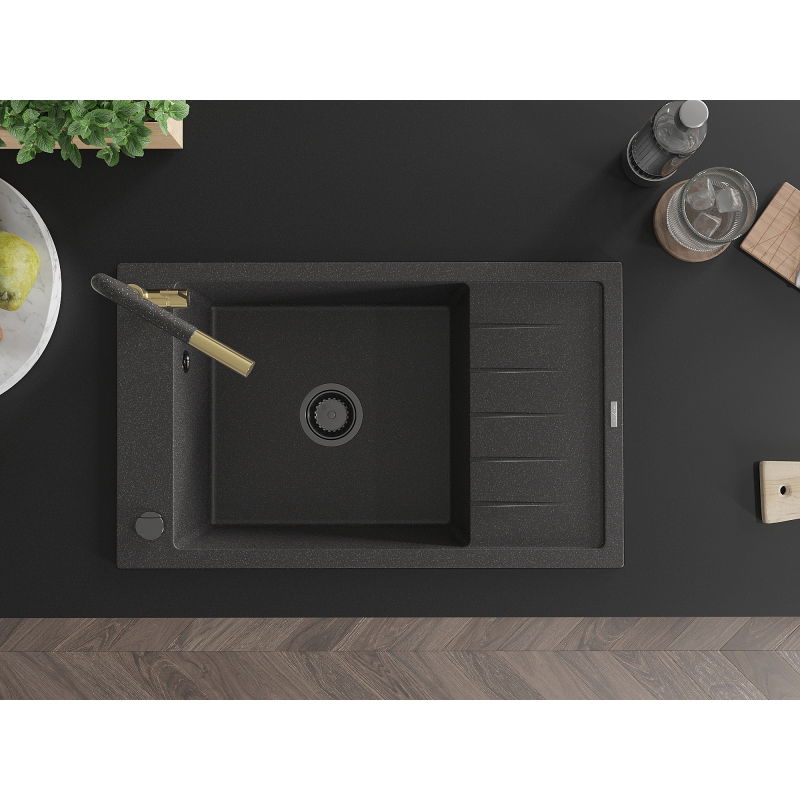Mexen Elias single-bowl granite sink with drainer and Flora kitchen tap, black speckled - 6511-76-670401-75-B