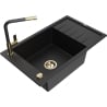 Mexen Elias granite kitchen sink 1-bowl with drainer and Flora kitchen faucet, black - 6511-77-670401-57-G