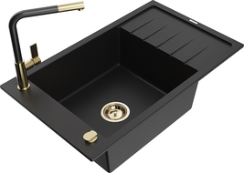 Mexen Elias granite sink 1-bowl with drainer and Flora kitchen tap, black - 6511-77-670401-57-G
