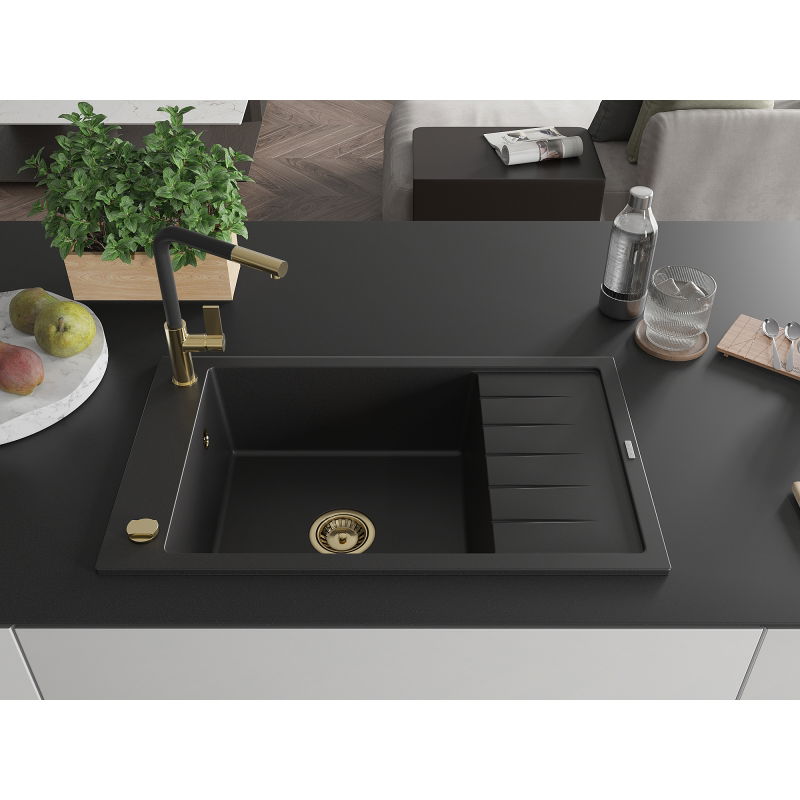 Mexen Elias granite sink 1-bowl with drainer and Flora kitchen tap, black - 6511-77-670401-57-G