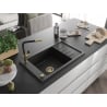 Mexen Elias granite kitchen sink 1-bowl with drainer and Flora kitchen faucet, black - 6511-77-670401-57-G