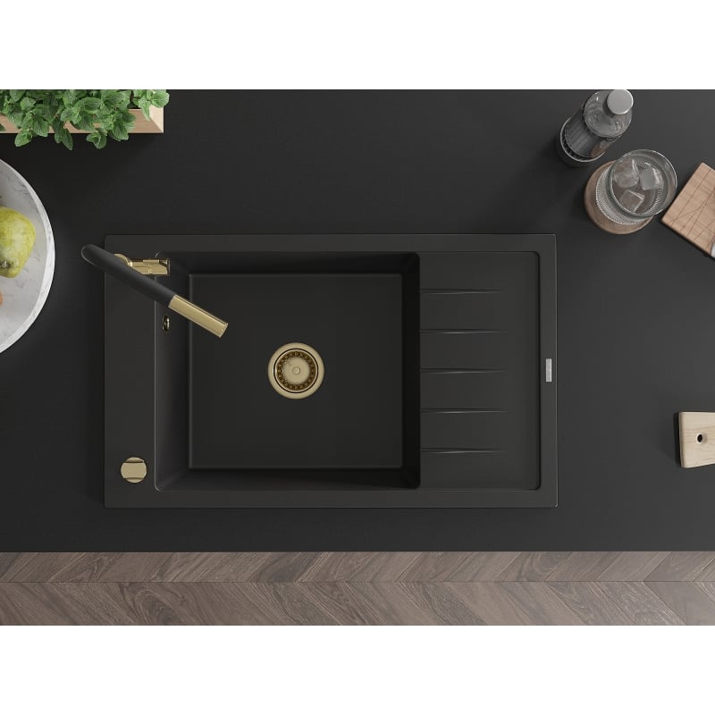 Mexen Elias granite kitchen sink 1-bowl with drainer and Flora kitchen faucet, black - 6511-77-670401-57-G