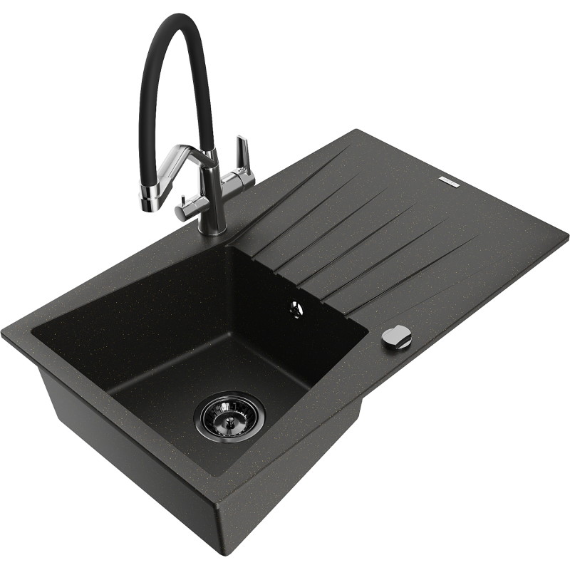Mexen Cesar granite kitchen sink 1-bowl with drainer and Duo kitchen faucet, black/gold metallic - 6514-75-671701-07-B