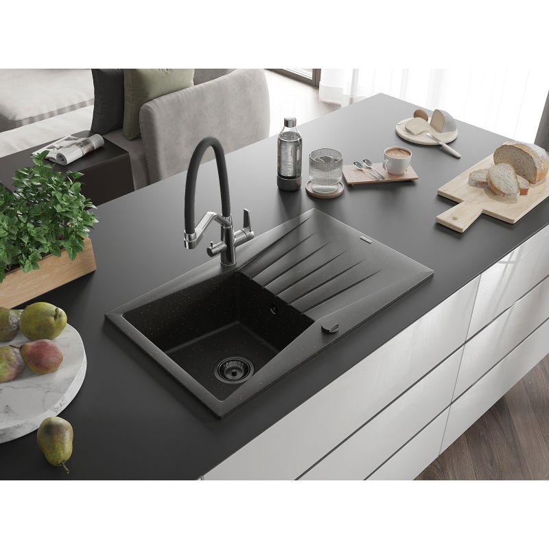 Mexen Cesar single-bowl granite sink with draining board and Duo kitchen tap, black/golden metallic - 6514-75-671701-07-B