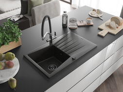 Mexen Cesar 1-compartment granite sink with a drip tray and kitchen mixer tap Duo, Black/ gold metallic - 6514-75-671701-07-B