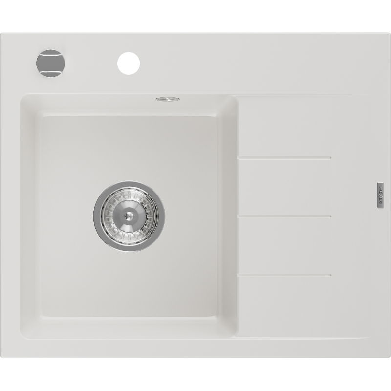 Mexen Ben granite sink 1-bowl with drainer, left 600 x 500 mm, white, chrome siphon - 6522605000-20