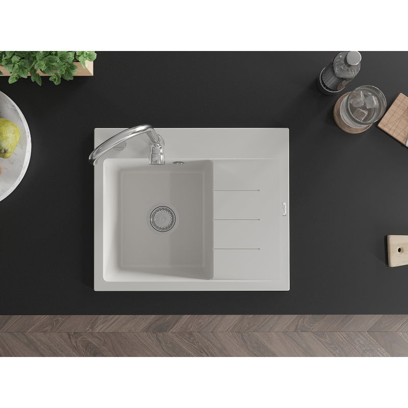 Mexen Ben granite sink 1-bowl with drainer, left 600 x 500 mm, white, chrome siphon - 6522605000-20