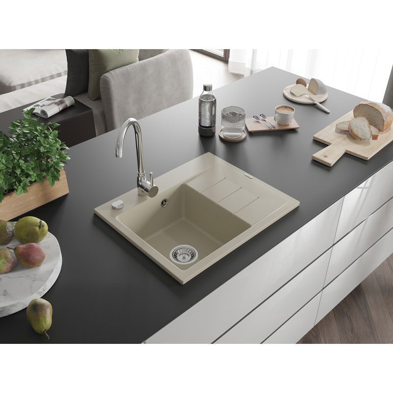 Mexen Ben granite sink 1-bowl with drainer, left 600 x 500 mm, beige, chrome siphon - 6522605000-69