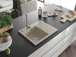 Mexen Ben granite sink 1-bowl with drainer, left 600 x 500 mm, beige, chrome siphon - 6522605000-69