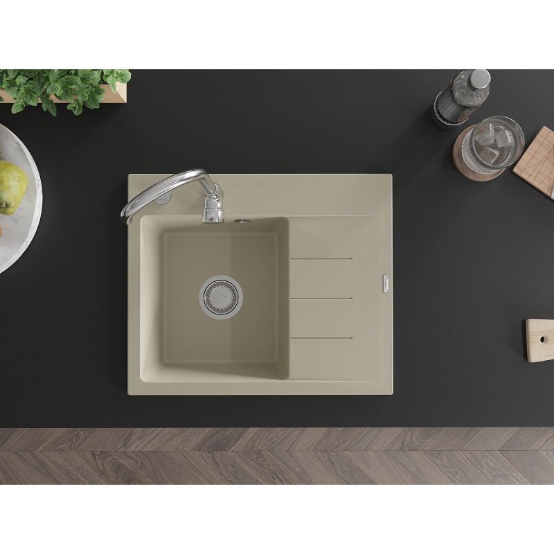 Mexen Ben granite sink 1-bowl with drainer, left 600 x 500 mm, beige, chrome siphon - 6522605000-69