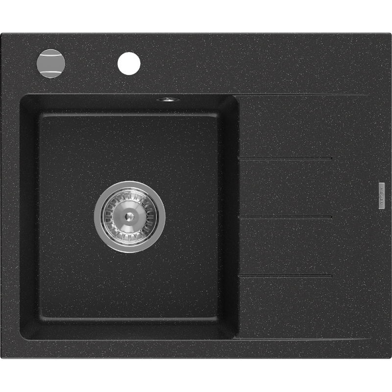 Mexen Ben granite sink 1-bowl with left drainer 600 x 500 mm, black/silver metallic, chrome siphon - 6522605000-73