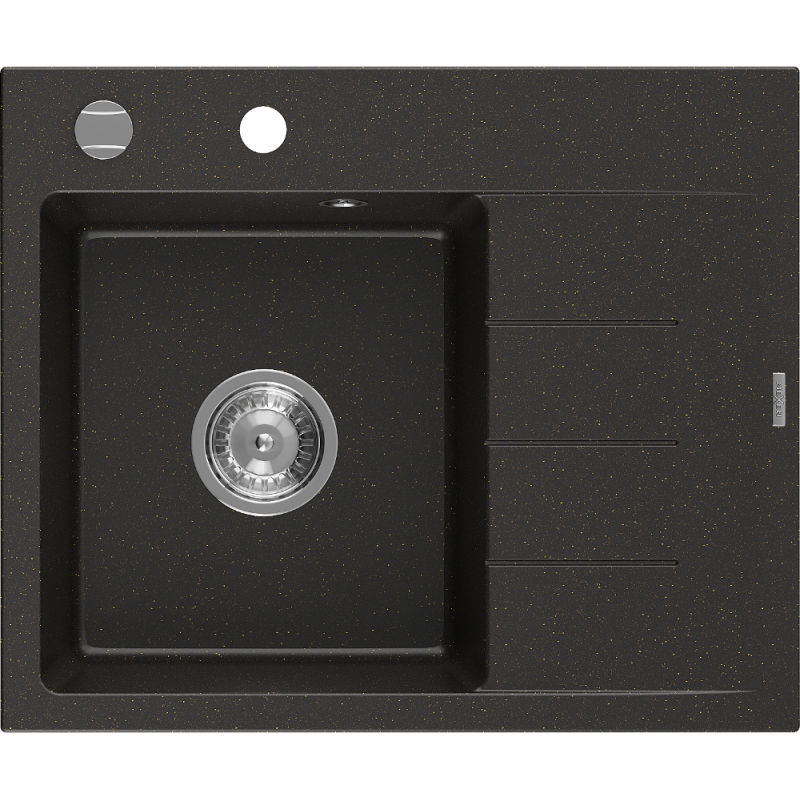 Mexen Ben granite sink 1-bowl with left drainer 600 x 500 mm, black/gold metallic, chrome siphon - 6522605000-75