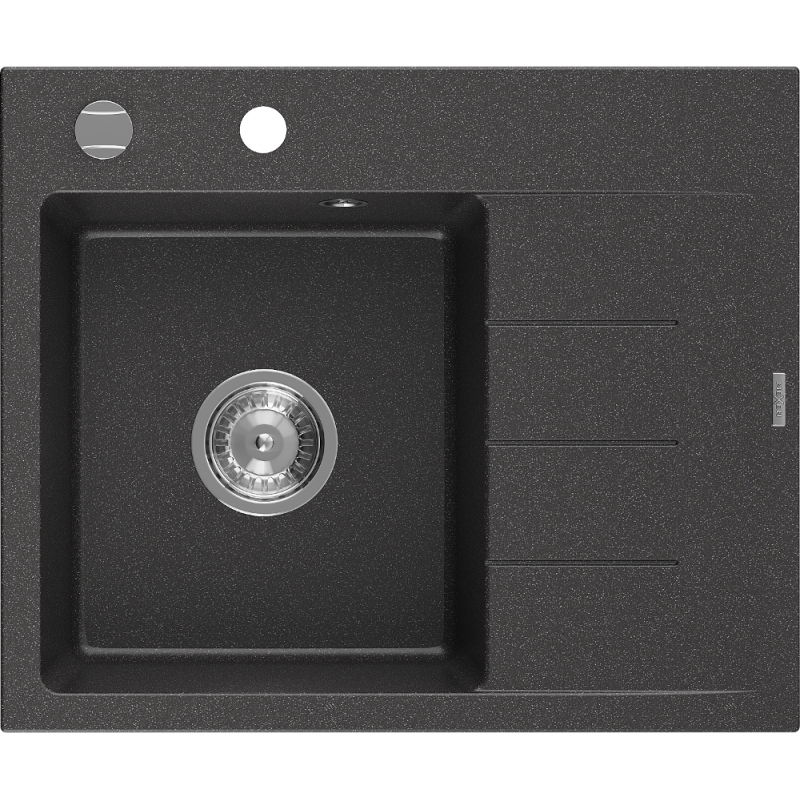 Mexen Ben granite kitchen sink 1-bowl with drainer, left 600 x 500 mm, black speckled, chrome siphon - 6522605000-76