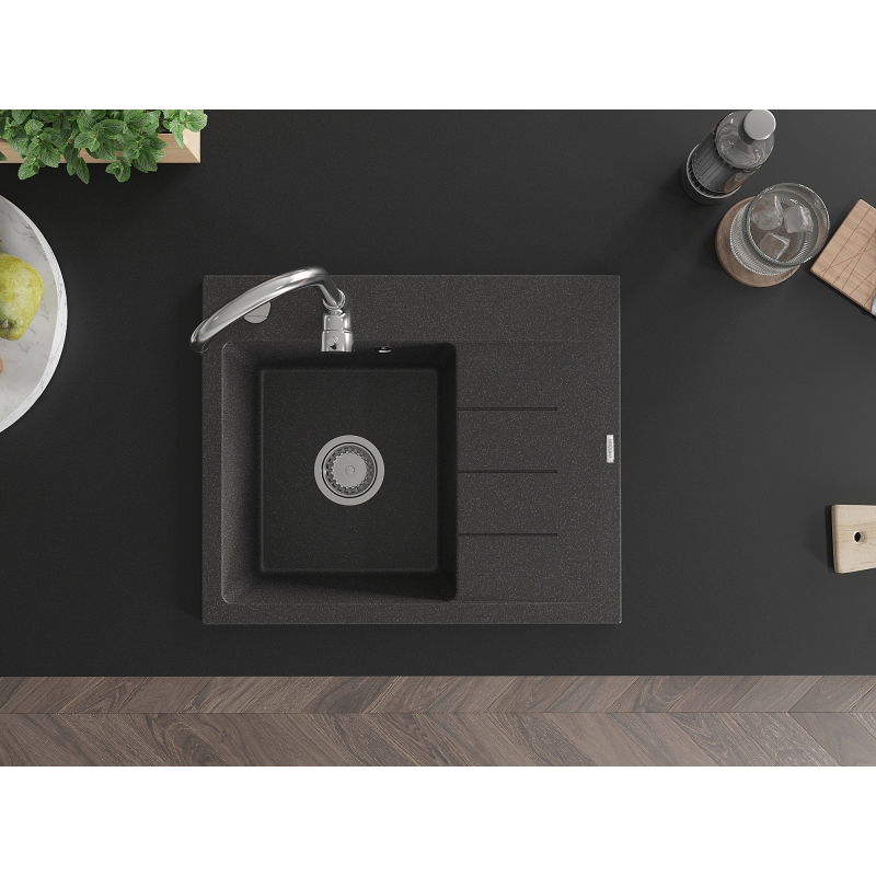 Mexen Ben granite kitchen sink 1-bowl with drainer, left 600 x 500 mm, black speckled, chrome siphon - 6522605000-76