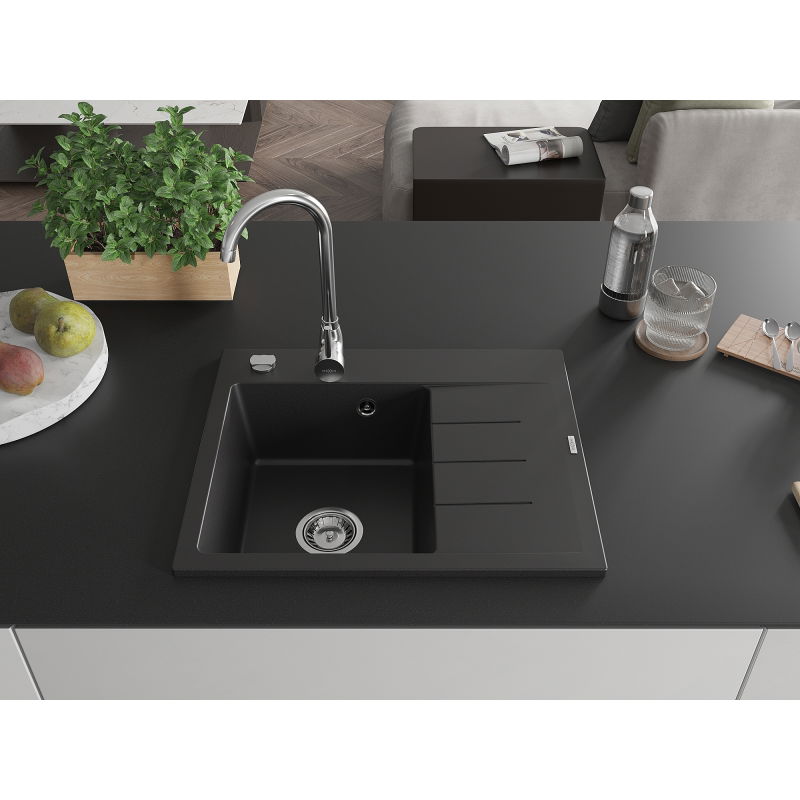Mexen Ben granite sink 1-bowl with drainer, left 600 x 500 mm, black, chrome siphon - 6522605000-77